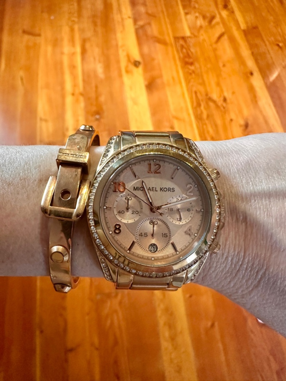 Michael Kors Rose Gold Watch with matching Astor Buckle Bangle Bracelet.